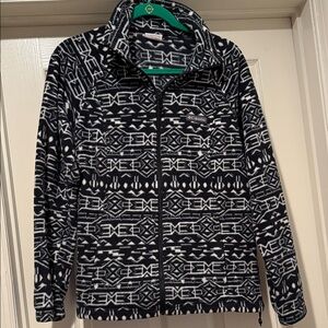 Barn Fire Jacket Black White Geometric Fleece Full Zip Tribal Benton Springs  L